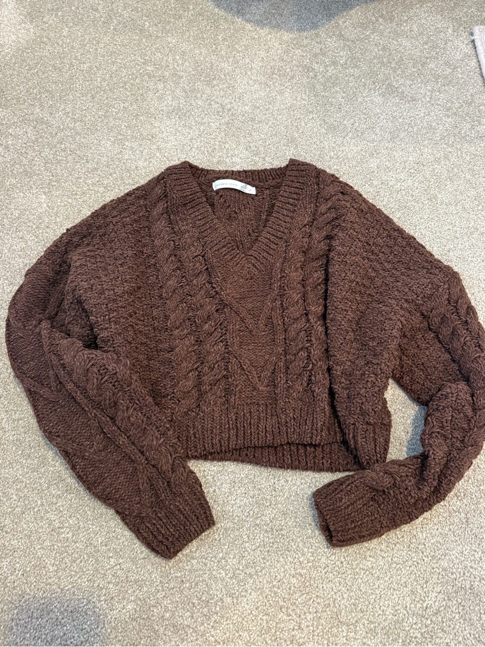 Altar'd State Chunky Cable V-Neck Sweater - Chocolate Brown
